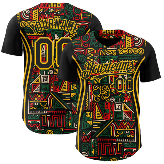 Custom Black Yellow Green-Red 3D Pattern Design Black History Month African Ethnicity Style Abstract Geometric Authentic Baseball Jersey - Main View