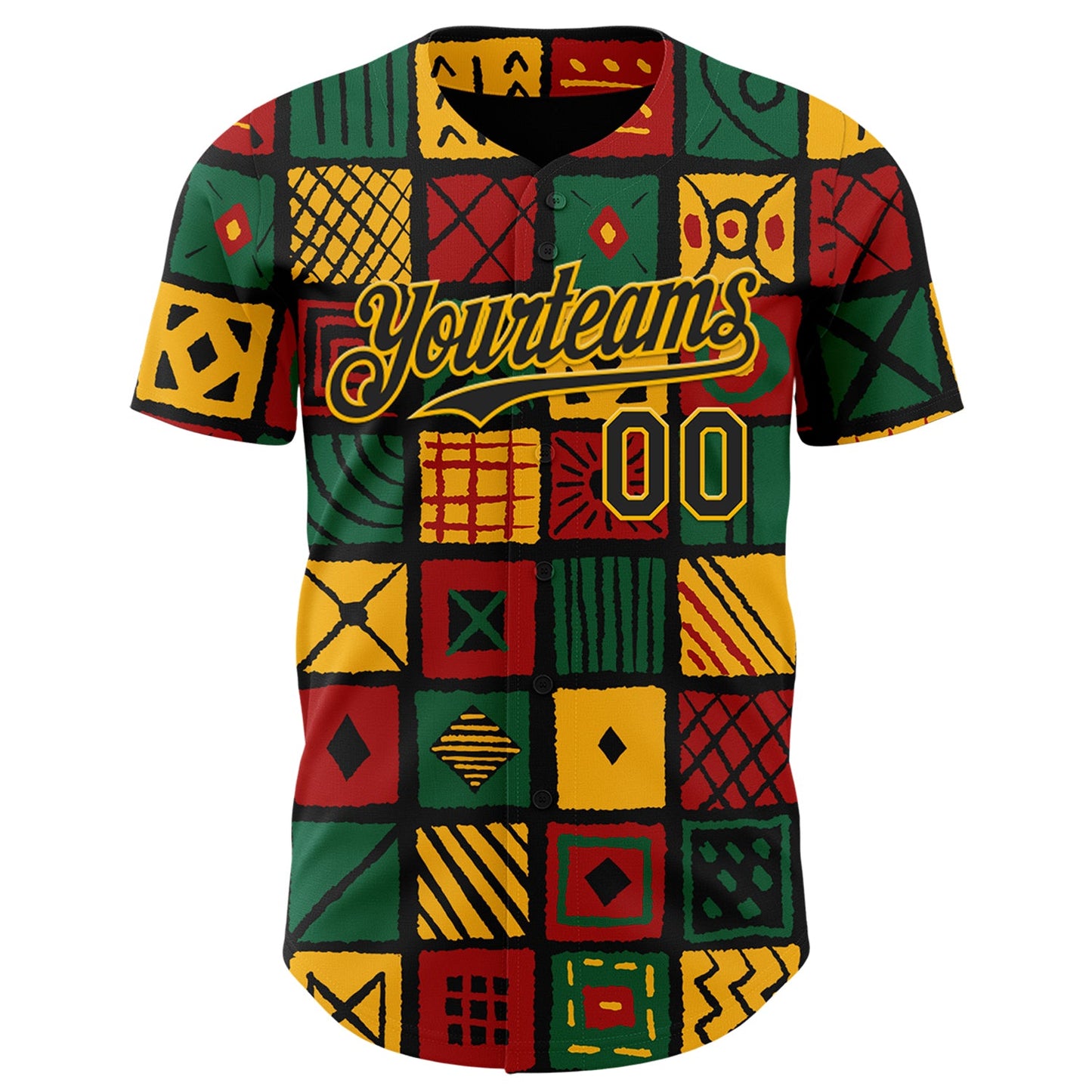 Custom Black Gold Green-Red 3D Pattern Design Black History Month African Ethnicity Style Abstract Geometric Authentic Baseball Jersey view 2