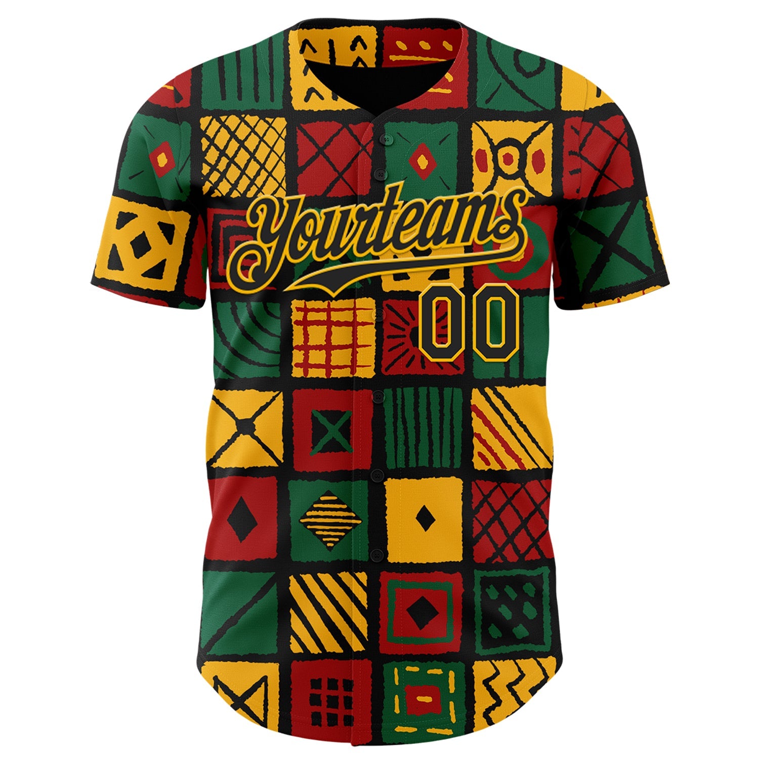 Custom Black Gold Green-Red 3D Pattern Design Black History Month African Ethnicity Style Abstract Geometric Authentic Baseball Jersey view 2