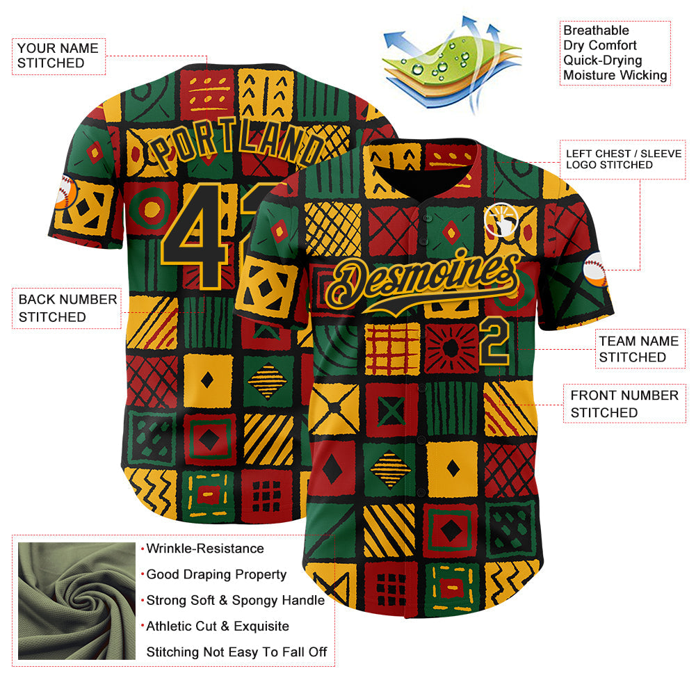 Custom Black Gold Green-Red 3D Pattern Design Black History Month African Ethnicity Style Abstract Geometric Authentic Baseball Jersey view 3