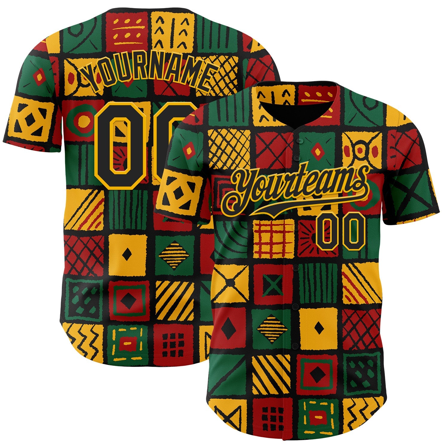 Custom Black Gold Green-Red 3D Pattern Design Black History Month African Ethnicity Style Abstract Geometric Authentic Baseball Jersey - Main View