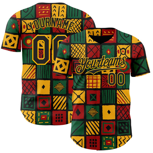 Custom Black Gold Green-Red 3D Pattern Design Black History Month African Ethnicity Style Abstract Geometric Authentic Baseball Jersey - Main View