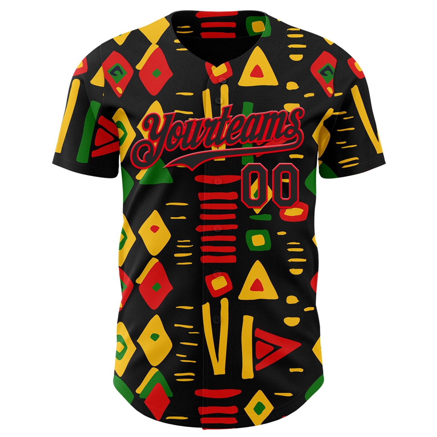 Custom Black Fire Red Green-Yellow 3D Pattern Design Black History Month African Ethnicity Style Abstract Geometric Authentic Baseball Jersey view 2