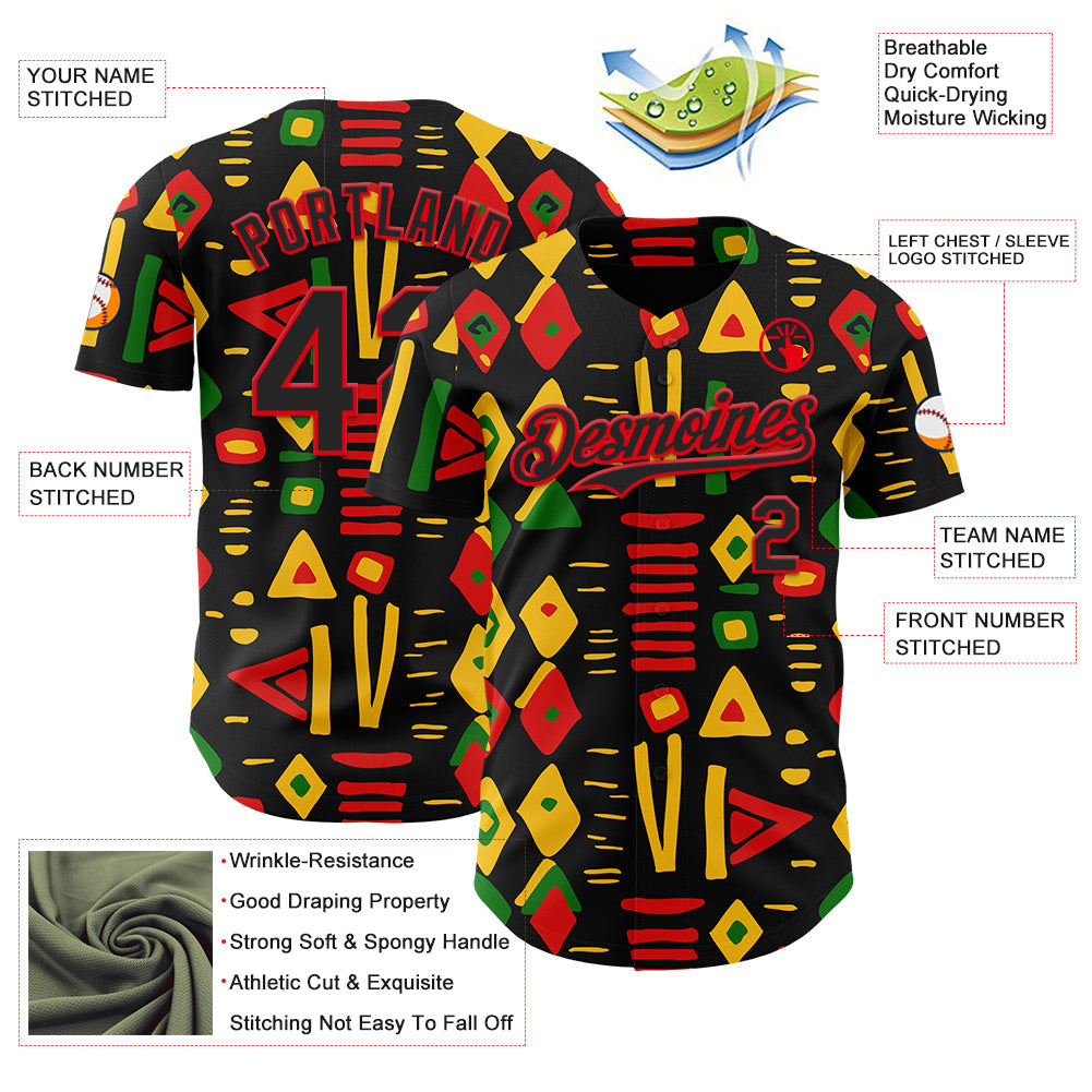Custom Black Fire Red Green-Yellow 3D Pattern Design Black History Month African Ethnicity Style Abstract Geometric Authentic Baseball Jersey view 3
