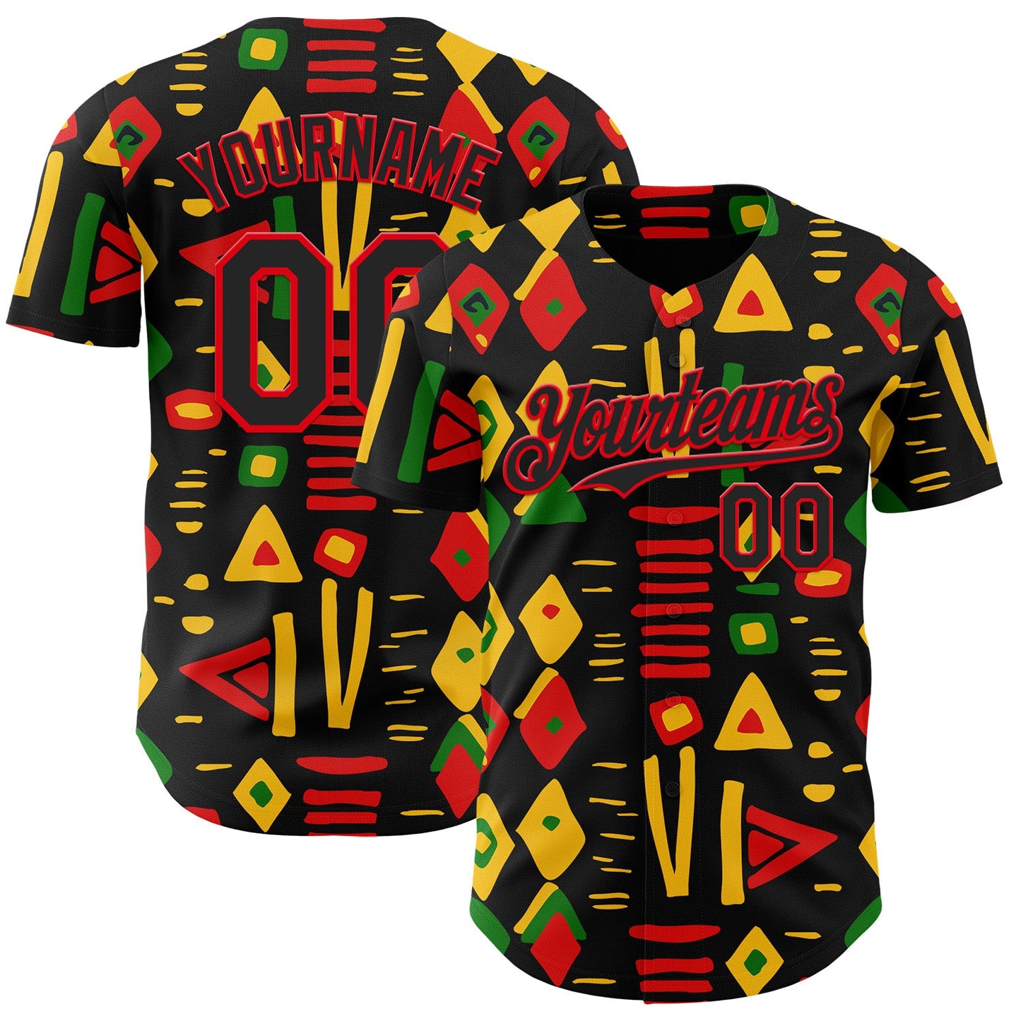 Custom Black Fire Red Green-Yellow 3D Pattern Design Black History Month African Ethnicity Style Abstract Geometric Authentic Baseball Jersey - Main View