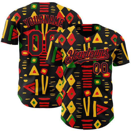 Custom Black Fire Red Green-Yellow 3D Pattern Design Black History Month African Ethnicity Style Abstract Geometric Authentic Baseball Jersey - Main View