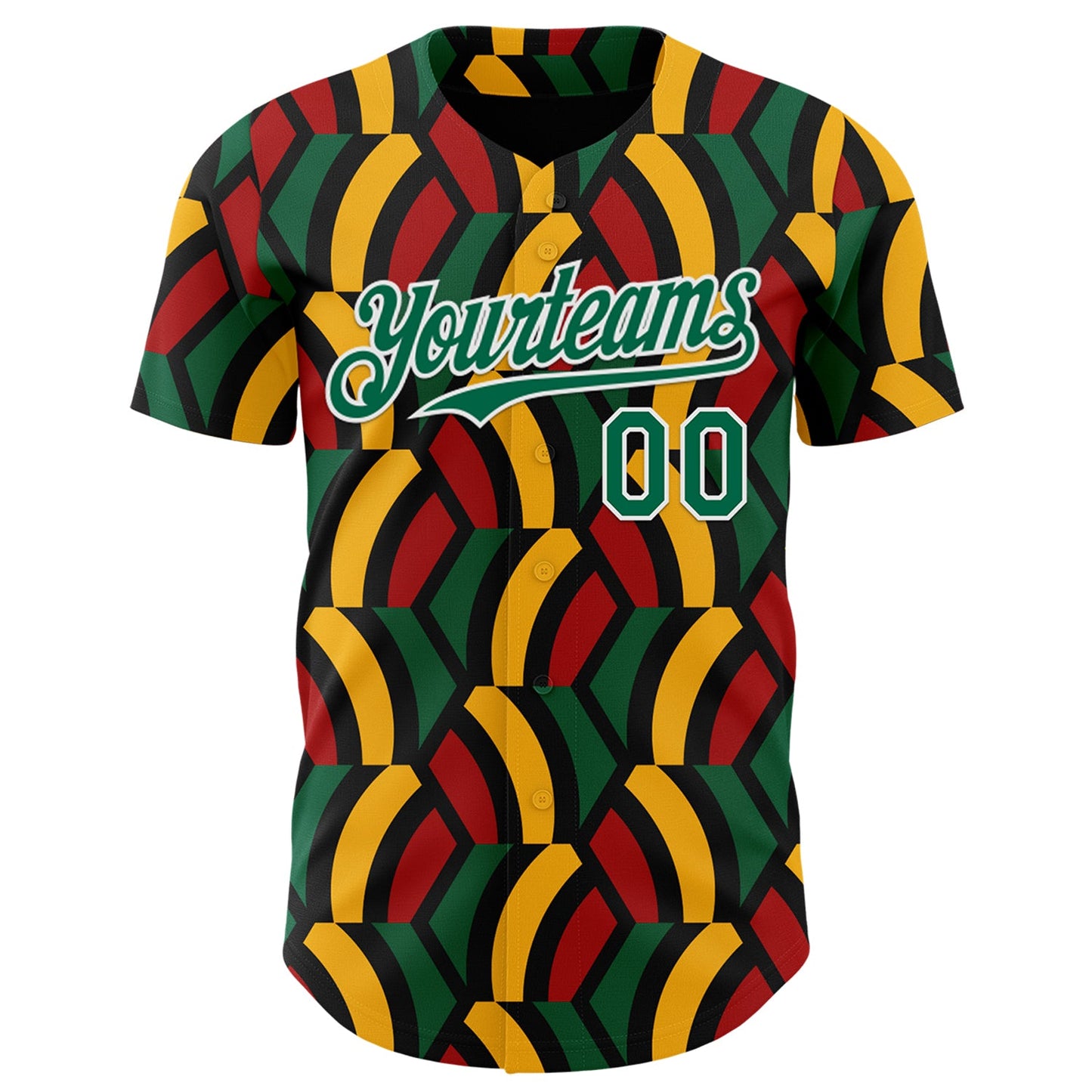 Custom Black Kelly Green Red Yellow-White 3D Pattern Design Black History Month African Ethnicity Style Abstract Geometric Authentic Baseball Jersey view 2