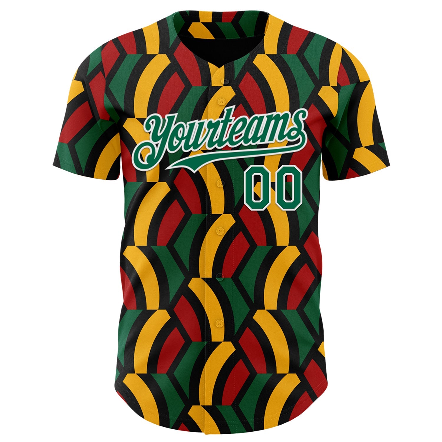 Custom Black Kelly Green Red Yellow-White 3D Pattern Design Black History Month African Ethnicity Style Abstract Geometric Authentic Baseball Jersey view 2