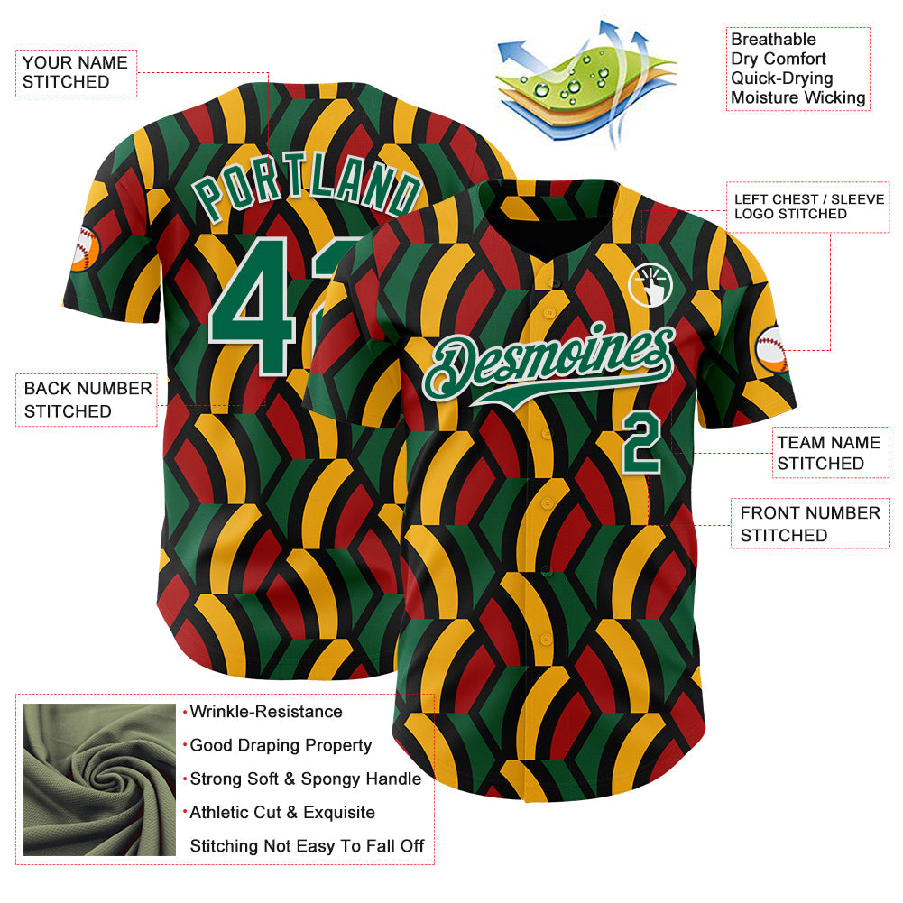 Custom Black Kelly Green Red Yellow-White 3D Pattern Design Black History Month African Ethnicity Style Abstract Geometric Authentic Baseball Jersey view 3