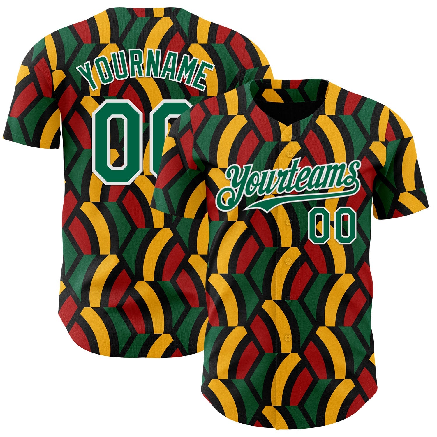 Custom Black Kelly Green Red Yellow-White 3D Pattern Design Black History Month African Ethnicity Style Abstract Geometric Authentic Baseball Jersey - Main View