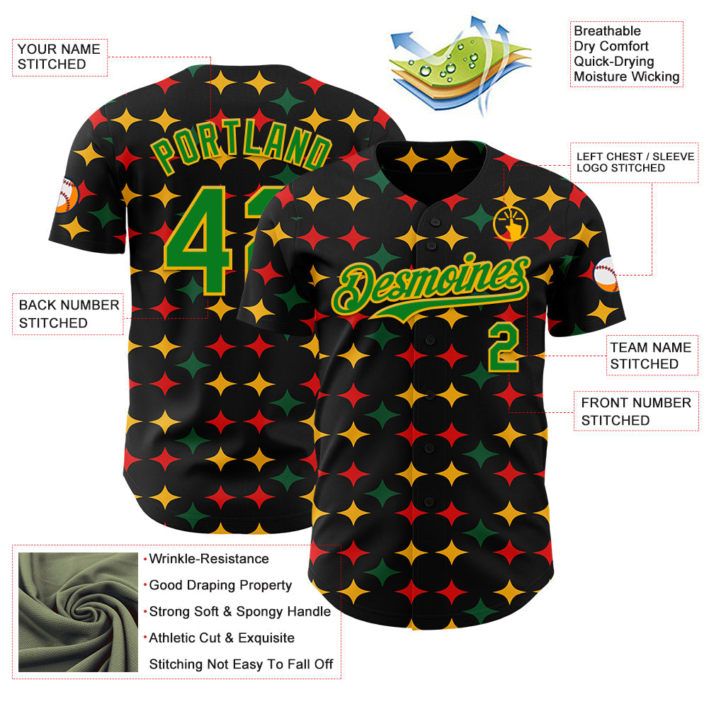 Custom Black Grass Green Gold-Red 3D Pattern Design Black History Month African Ethnicity Style Abstract Geometric Authentic Baseball Jersey view 3