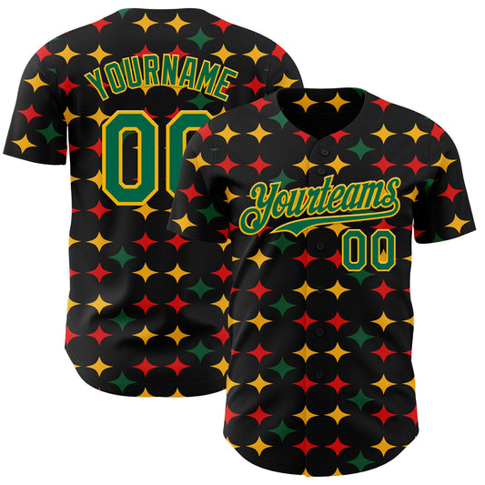 Custom Black Grass Green Gold-Red 3D Pattern Design Black History Month African Ethnicity Style Abstract Geometric Authentic Baseball Jersey - Main View