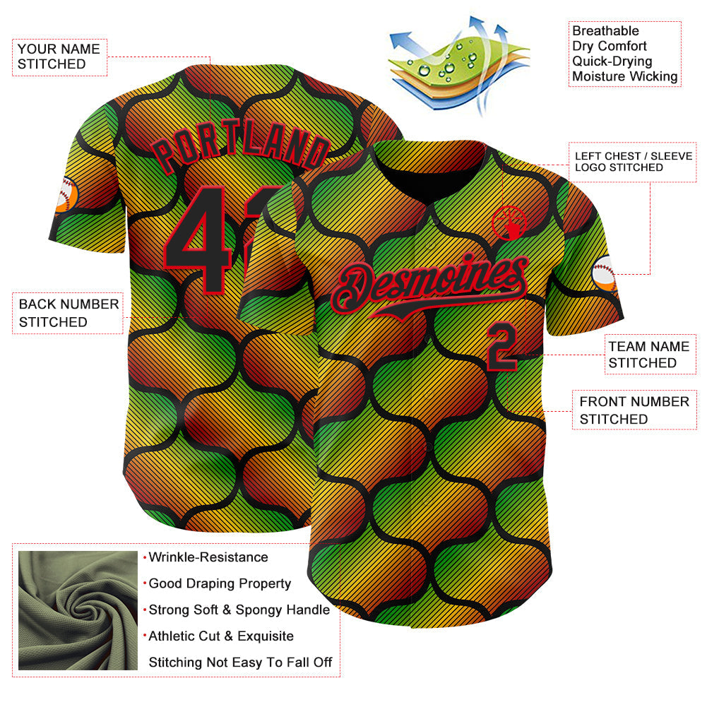 Custom Black Fire Red Green-Yellow 3D Pattern Design Black History Month Gradient African Ethnicity Style Authentic Baseball Jersey view 3