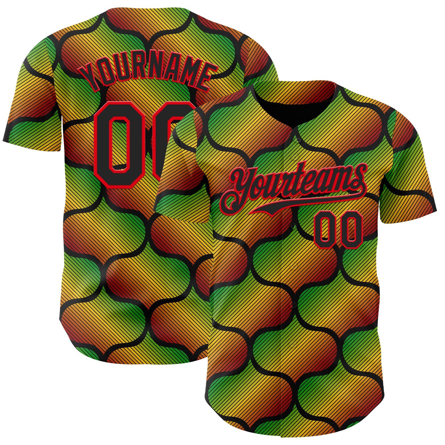 Custom Black Fire Red Green-Yellow 3D Pattern Design Black History Month Gradient African Ethnicity Style Authentic Baseball Jersey - Main View