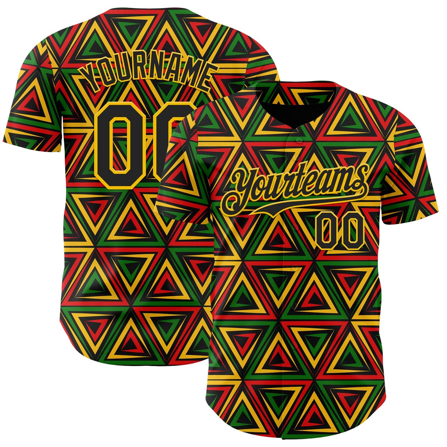 Custom Black Yellow Green-Red 3D Pattern Design Black History Month African Ethnicity Style Abstract Geometric Authentic Baseball Jersey - Main View