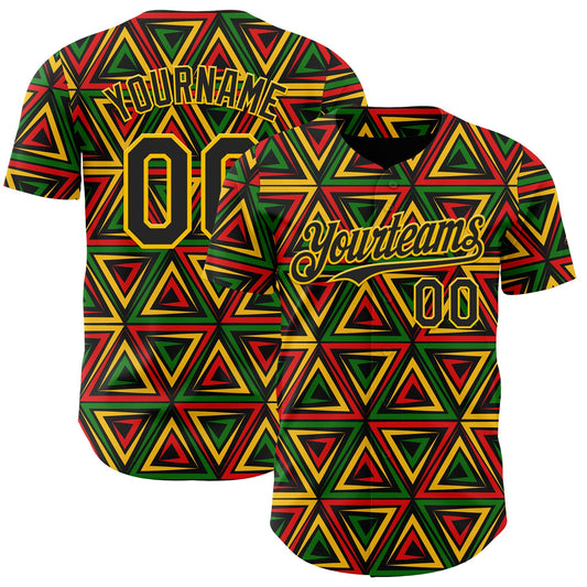 Custom Black Yellow Green-Red 3D Pattern Design Black History Month African Ethnicity Style Abstract Geometric Authentic Baseball Jersey - Main View
