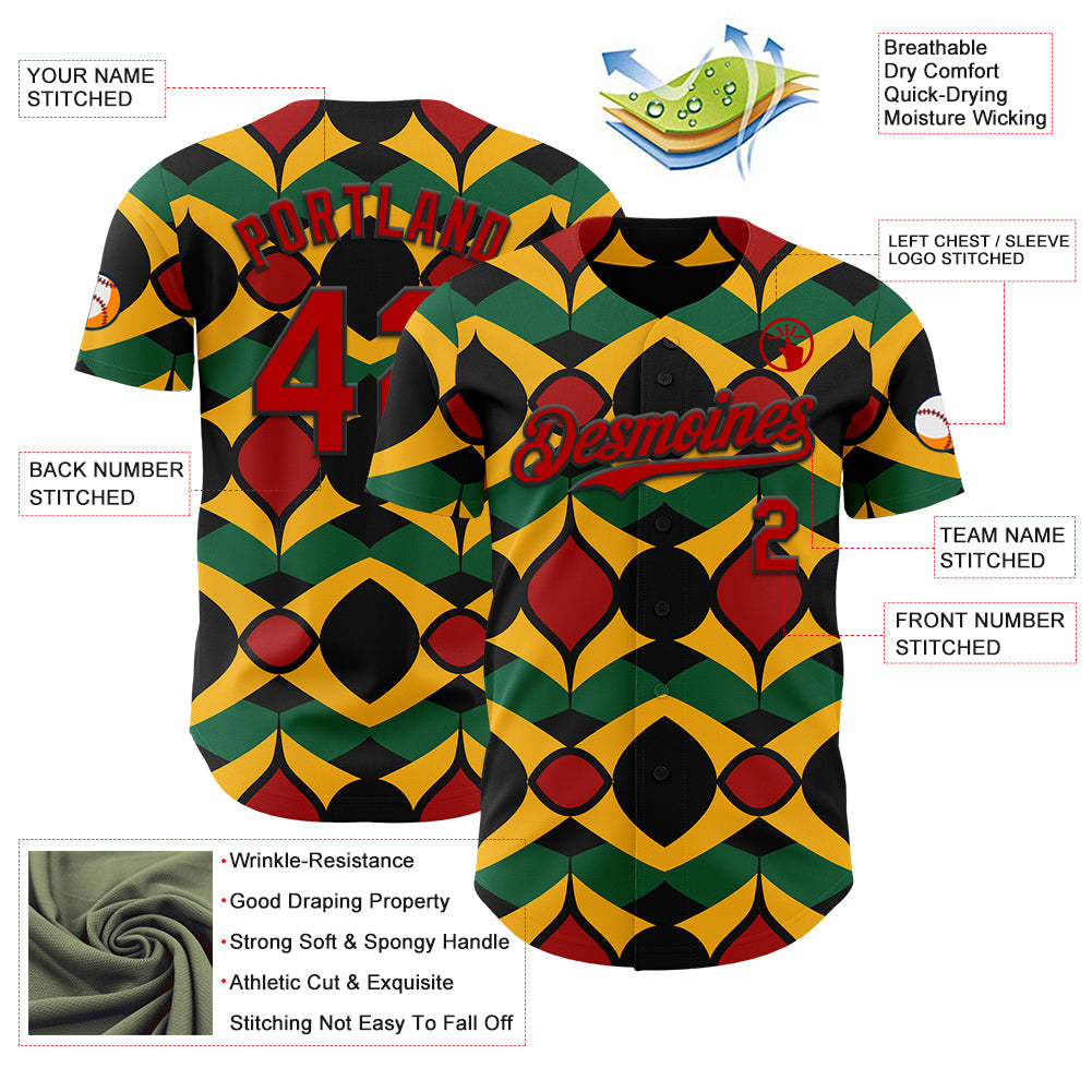 Custom Black Red Yellow-Green 3D Pattern Design Black History Month African Ethnicity Style Abstract Geometric Authentic Baseball Jersey view 3