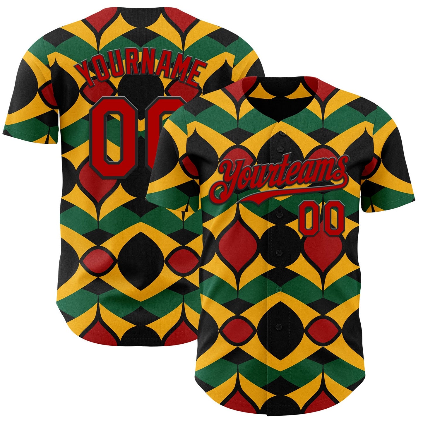 Custom Black Red Yellow-Green 3D Pattern Design Black History Month African Ethnicity Style Abstract Geometric Authentic Baseball Jersey - Main View