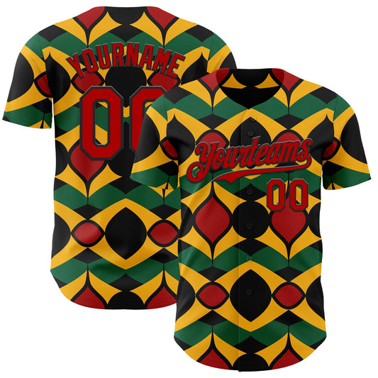 Custom Black Red Yellow-Green 3D Pattern Design Black History Month African Ethnicity Style Abstract Geometric Authentic Baseball Jersey - Main View