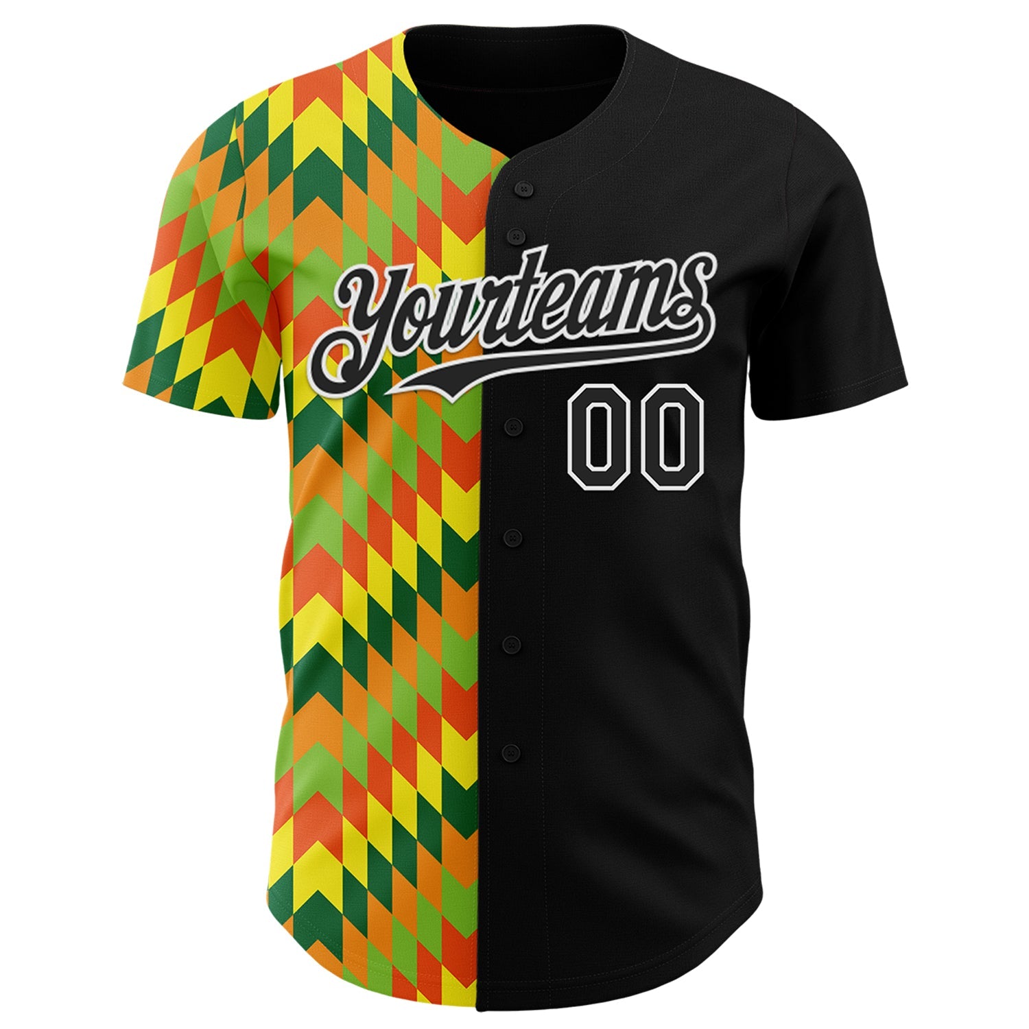 Custom Black Yellow Green Red-Orange 3D Pattern Design Black History Month African Ethnicity Style Abstract Geometric Authentic Baseball Jersey view 2
