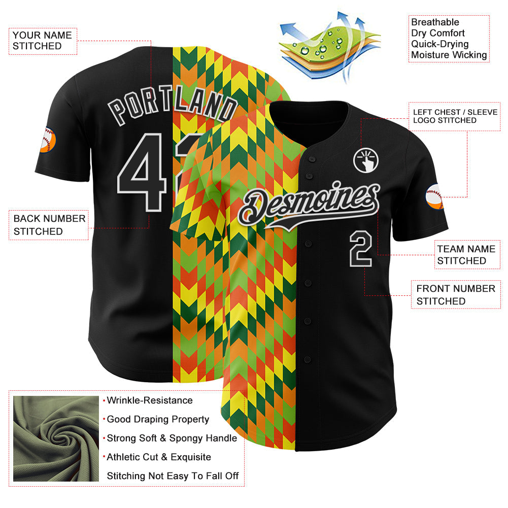 Custom Black Yellow Green Red-Orange 3D Pattern Design Black History Month African Ethnicity Style Abstract Geometric Authentic Baseball Jersey view 3