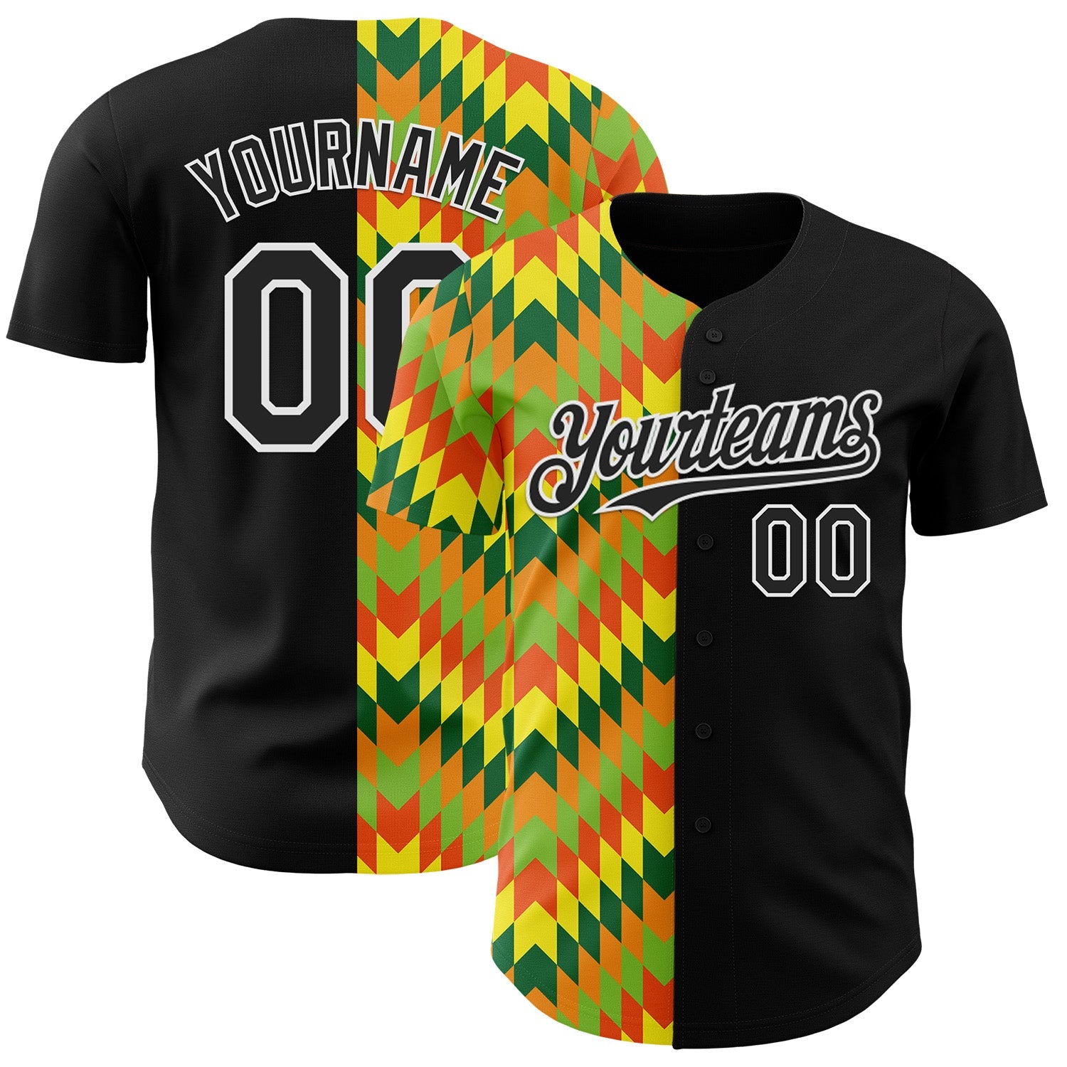 Custom Black Yellow Green Red-Orange 3D Pattern Design Black History Month African Ethnicity Style Abstract Geometric Authentic Baseball Jersey - Main View