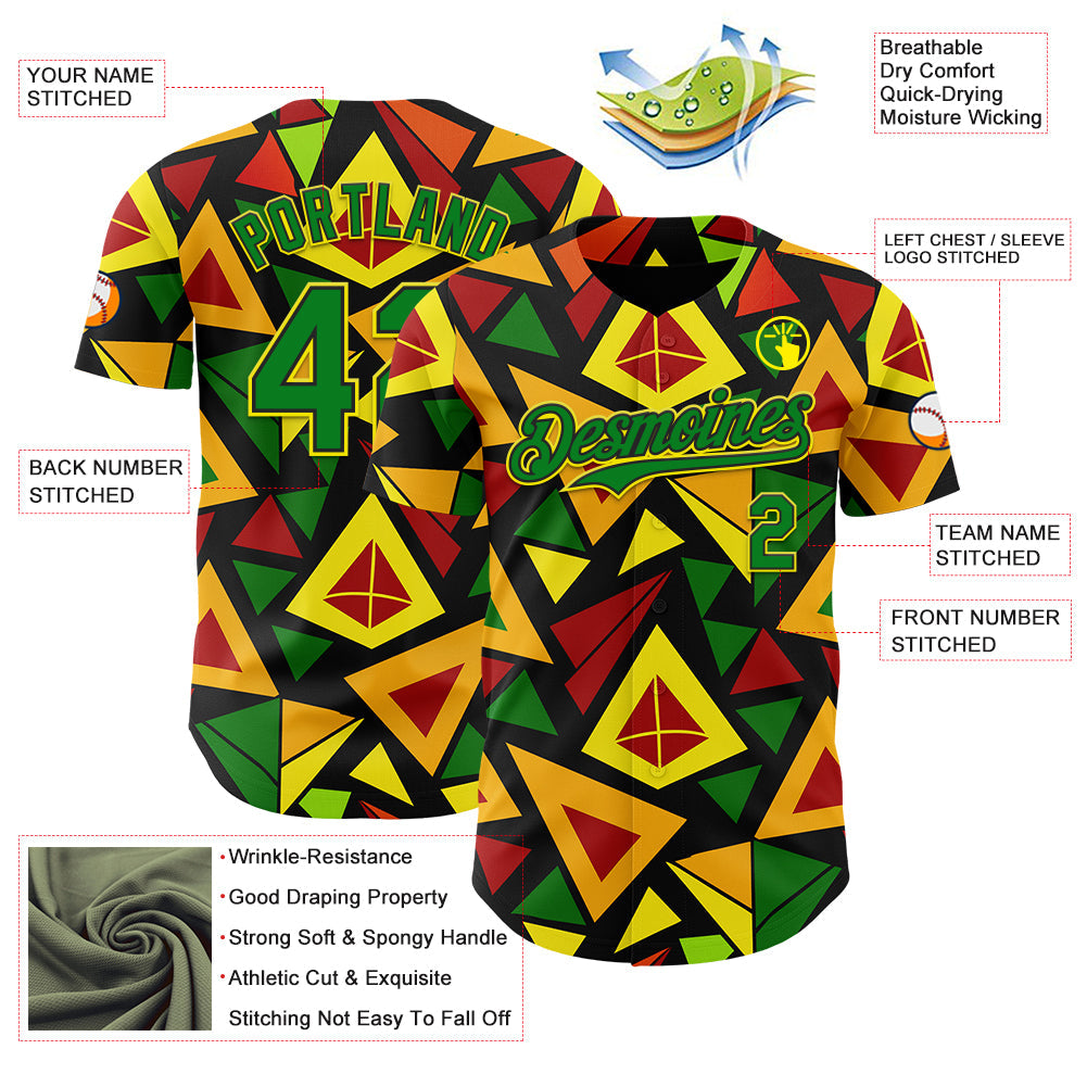 Custom Black Grass Green Red Light Yellow-Gold 3D Pattern Design Black History Month African Ethnicity Style Abstract Geometric Authentic Baseball Jersey view 3