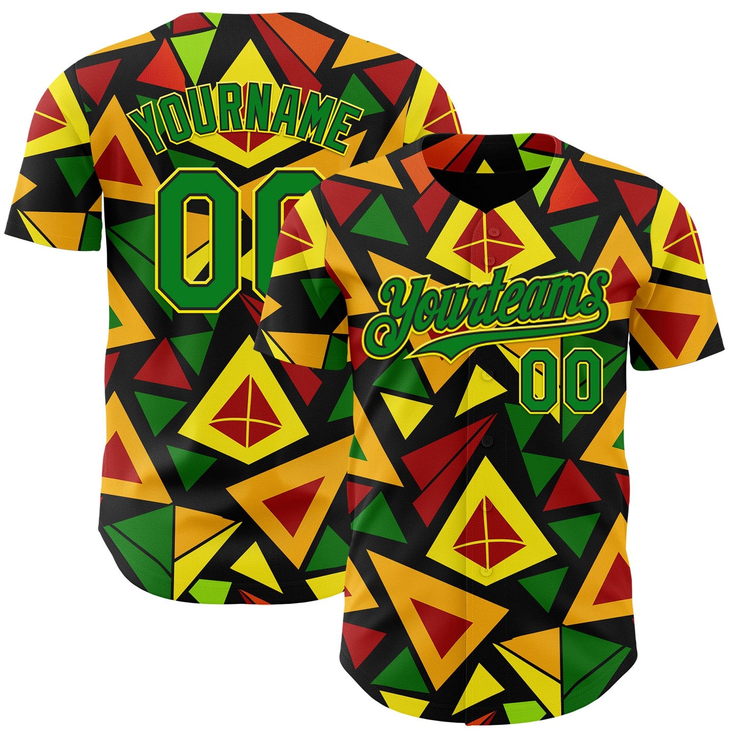 Custom Black Grass Green Red Light Yellow-Gold 3D Pattern Design Black History Month African Ethnicity Style Abstract Geometric Authentic Baseball Jersey - Main View