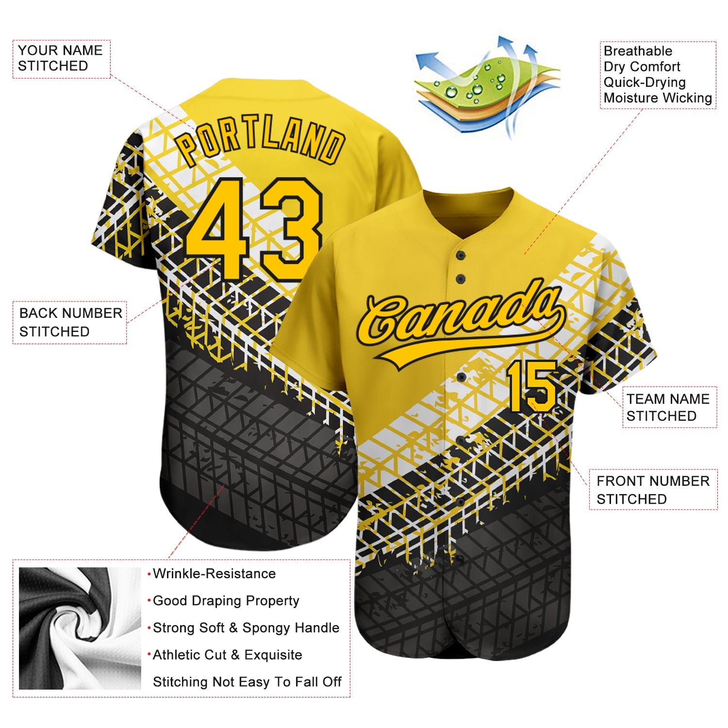 Custom Gold Gold-Black 3D Pattern Design Authentic Baseball Jersey view 3