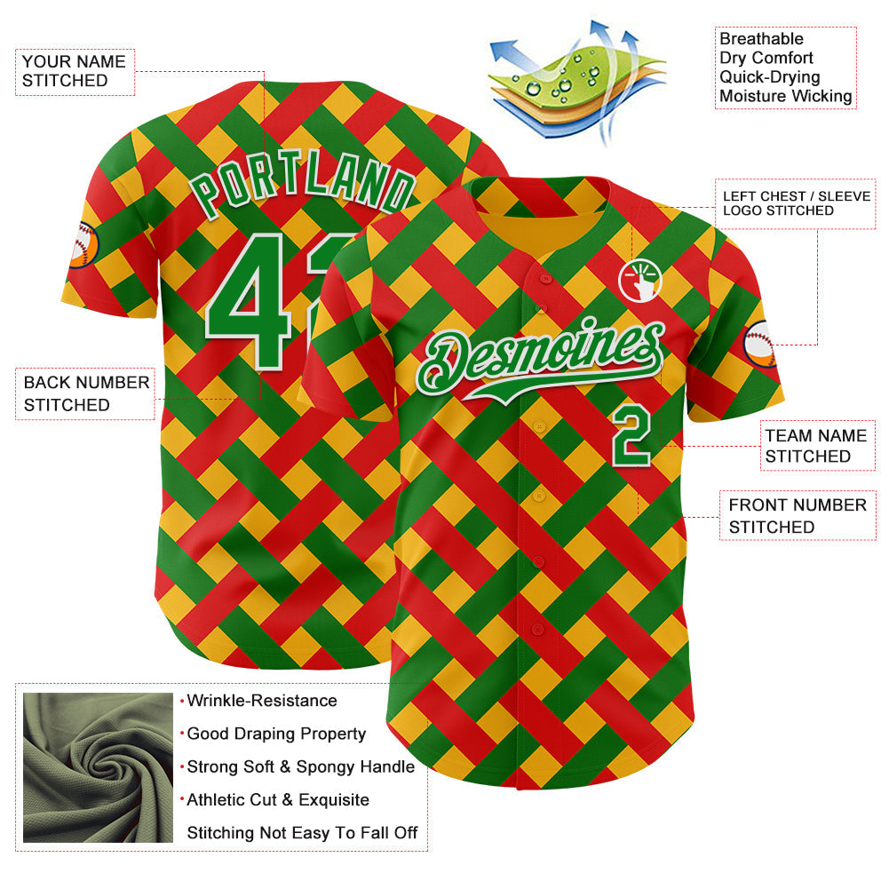 Custom Gold Grass Green Red-White 3D Pattern Design Black History Month African Ethnicity Style Abstract Geometric Authentic Baseball Jersey view 3