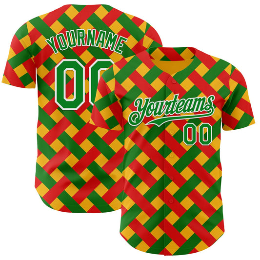 Custom Gold Grass Green Red-White 3D Pattern Design Black History Month African Ethnicity Style Abstract Geometric Authentic Baseball Jersey - Main View