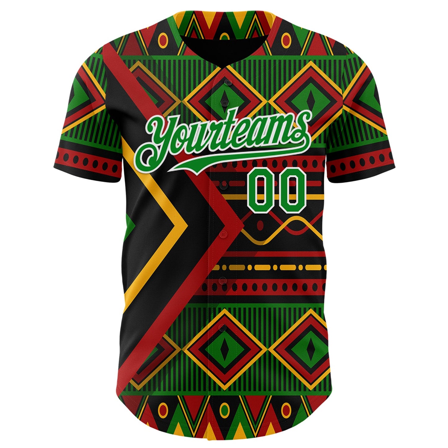 Custom Black Grass Green Red Yellow-White 3D Pattern Design Black History Month African Ethnicity Style Abstract Geometric Authentic Baseball Jersey view 2