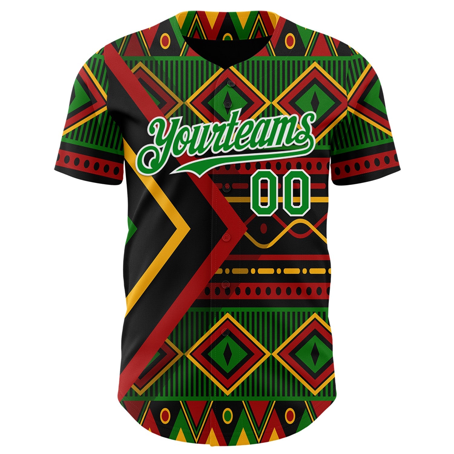 Custom Black Grass Green Red Yellow-White 3D Pattern Design Black History Month African Ethnicity Style Abstract Geometric Authentic Baseball Jersey view 2