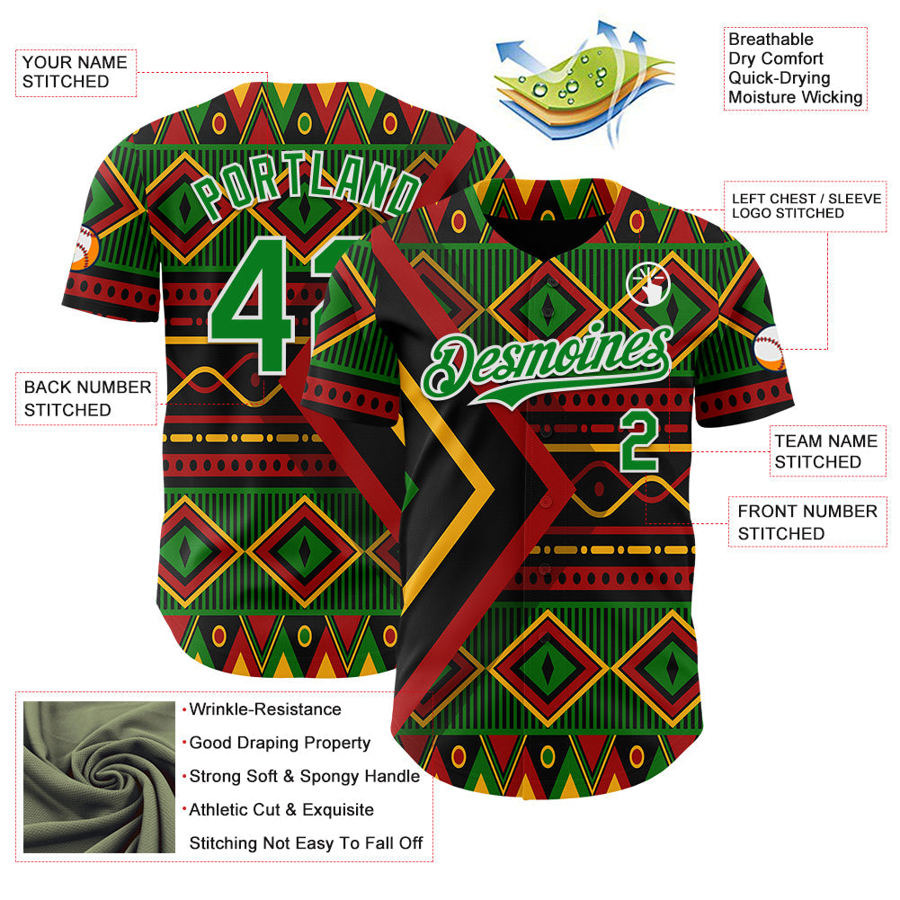 Custom Black Grass Green Red Yellow-White 3D Pattern Design Black History Month African Ethnicity Style Abstract Geometric Authentic Baseball Jersey view 3