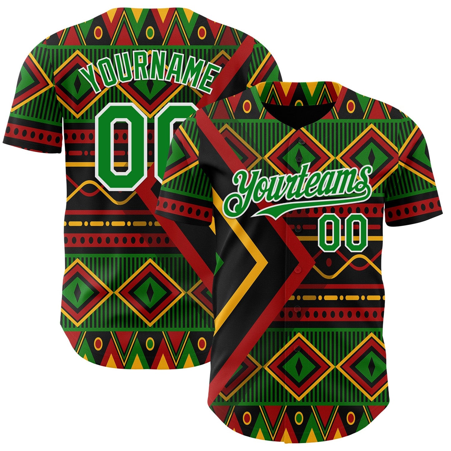 Custom Black Grass Green Red Yellow-White 3D Pattern Design Black History Month African Ethnicity Style Abstract Geometric Authentic Baseball Jersey - Main View