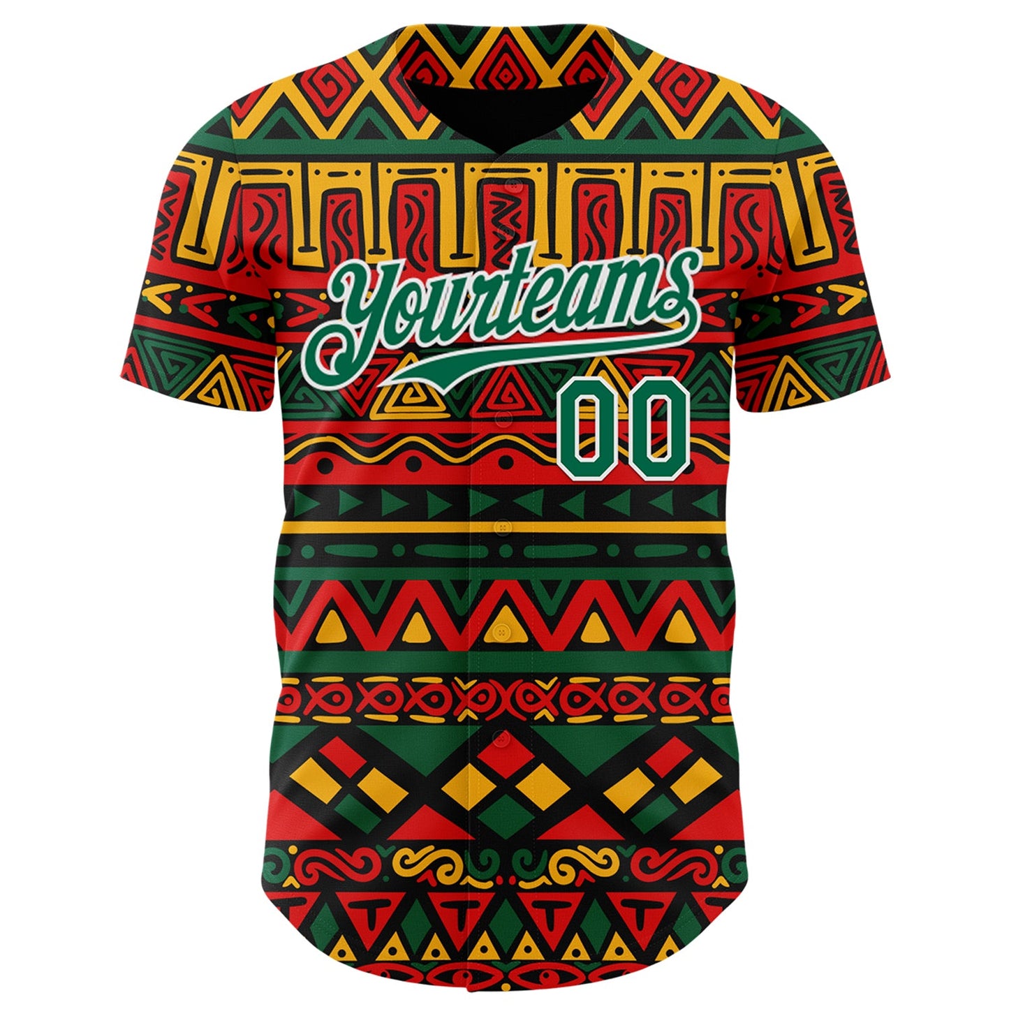 Custom Black Kelly Green Red Yellow-White 3D Pattern Design Black History Month African Ethnicity Style Abstract Geometric Authentic Baseball Jersey view 2