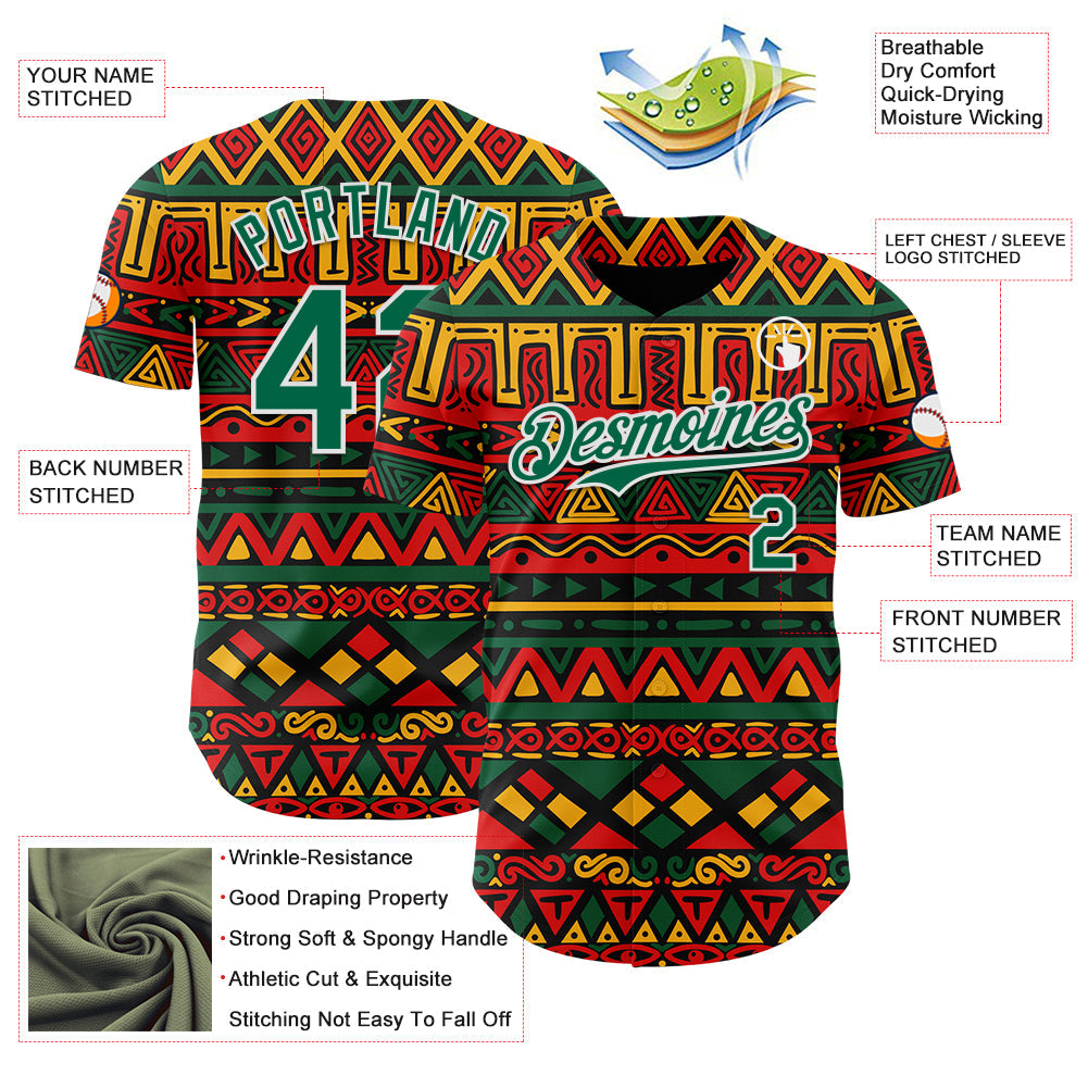 Custom Black Kelly Green Red Yellow-White 3D Pattern Design Black History Month African Ethnicity Style Abstract Geometric Authentic Baseball Jersey view 3