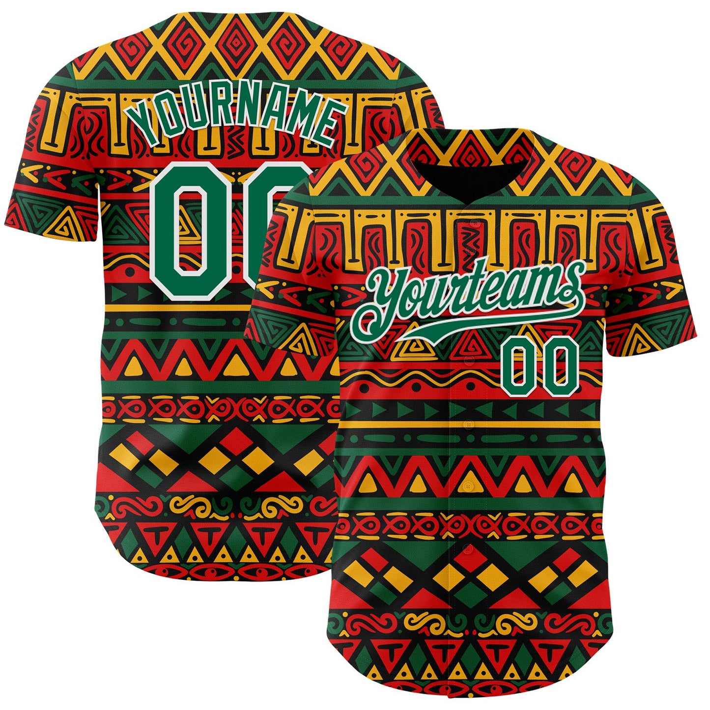 Custom Black Kelly Green Red Yellow-White 3D Pattern Design Black History Month African Ethnicity Style Abstract Geometric Authentic Baseball Jersey - Main View