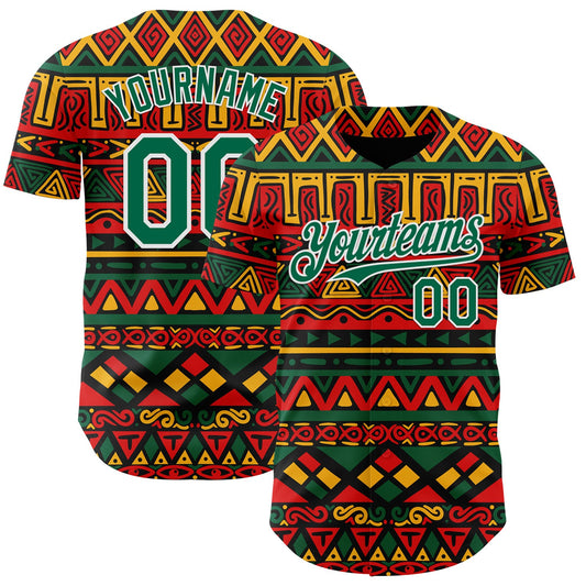 Custom Black Kelly Green Red Yellow-White 3D Pattern Design Black History Month African Ethnicity Style Abstract Geometric Authentic Baseball Jersey - Main View