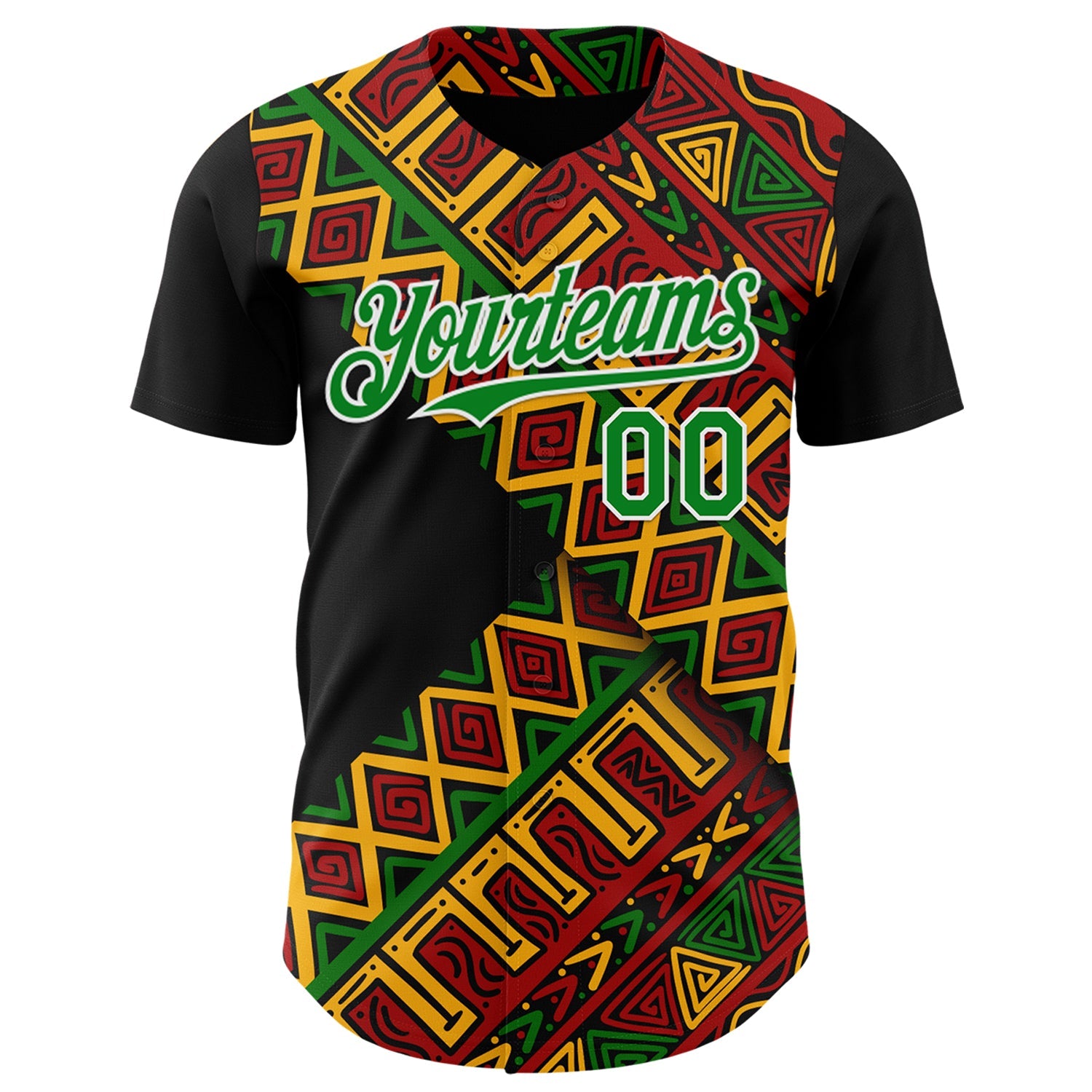Custom Black Kelly Green Red Yellow-White 3D Pattern Design Black History Month African Ethnicity Style Abstract Geometric Authentic Baseball Jersey view 2
