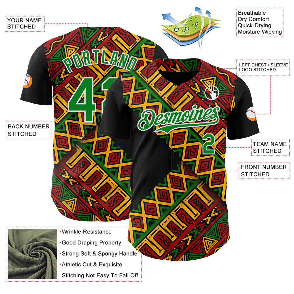 Custom Black Kelly Green Red Yellow-White 3D Pattern Design Black History Month African Ethnicity Style Abstract Geometric Authentic Baseball Jersey view 3