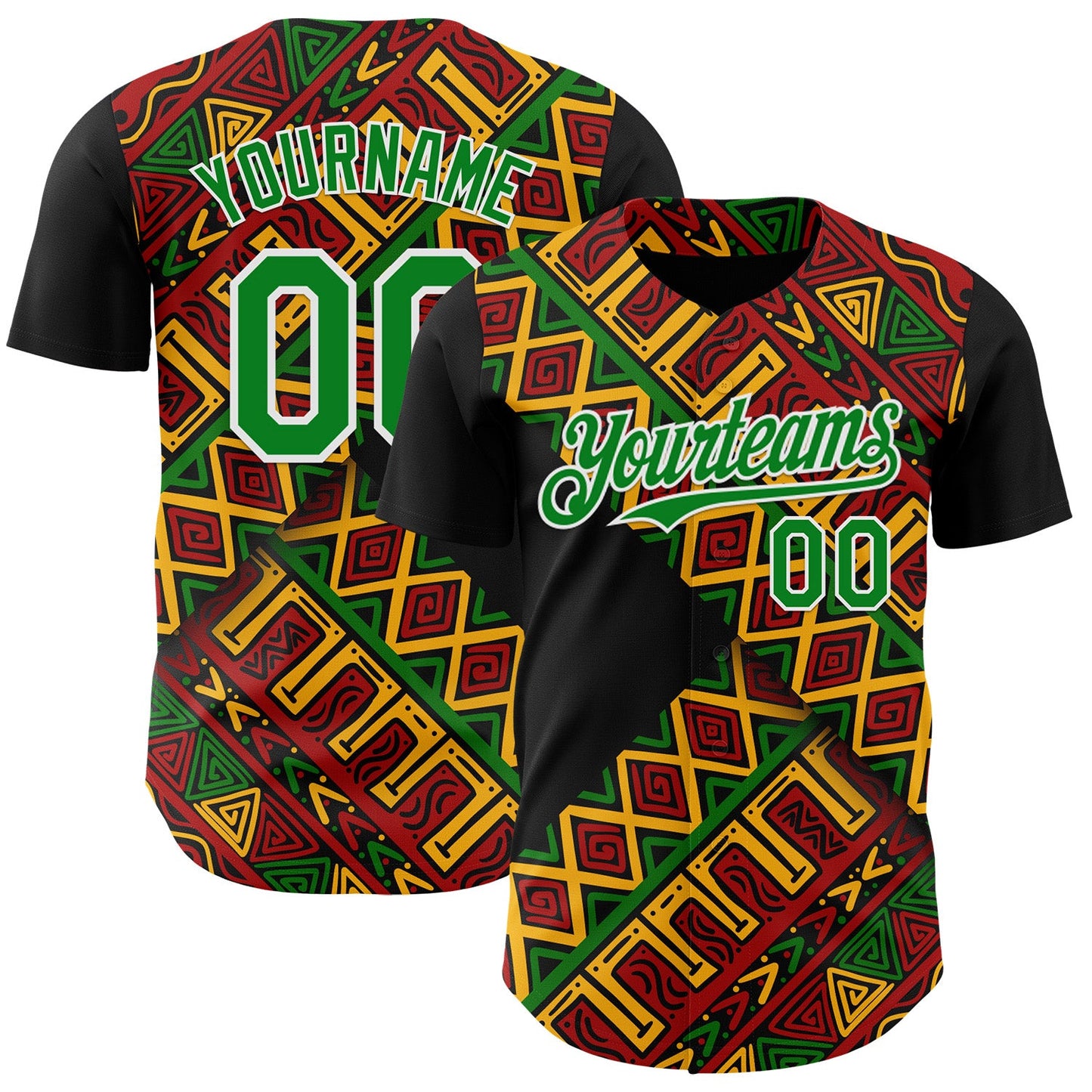Custom Black Kelly Green Red Yellow-White 3D Pattern Design Black History Month African Ethnicity Style Abstract Geometric Authentic Baseball Jersey - Main View