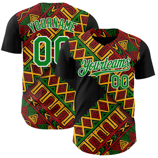 Custom Black Kelly Green Red Yellow-White 3D Pattern Design Black History Month African Ethnicity Style Abstract Geometric Authentic Baseball Jersey - Main View
