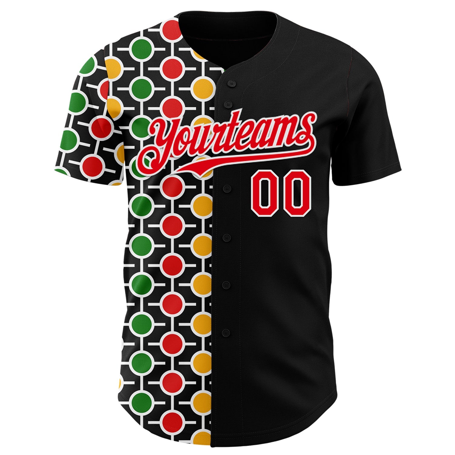 Custom Black Fire Red Yellow Green-White 3D Pattern Design Black History Month African Ethnicity Style Abstract Geometric Authentic Baseball Jersey view 2