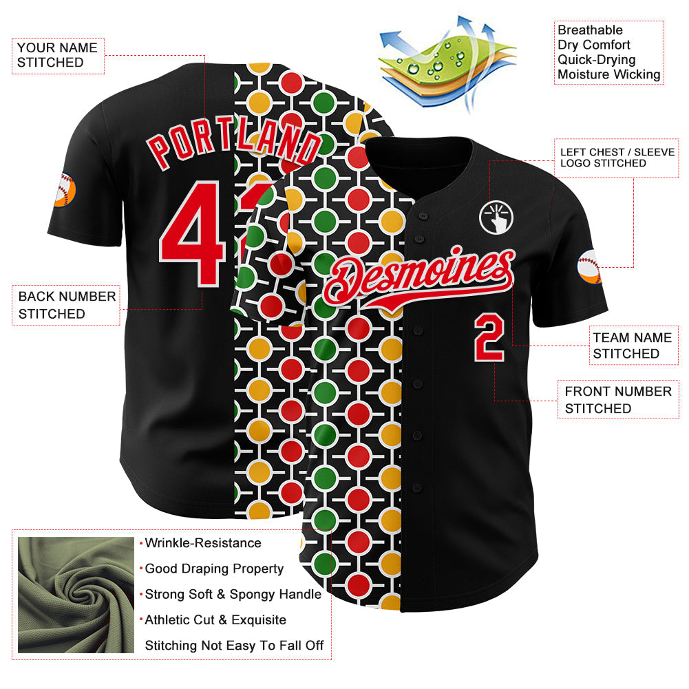 Custom Black Fire Red Yellow Green-White 3D Pattern Design Black History Month African Ethnicity Style Abstract Geometric Authentic Baseball Jersey view 3