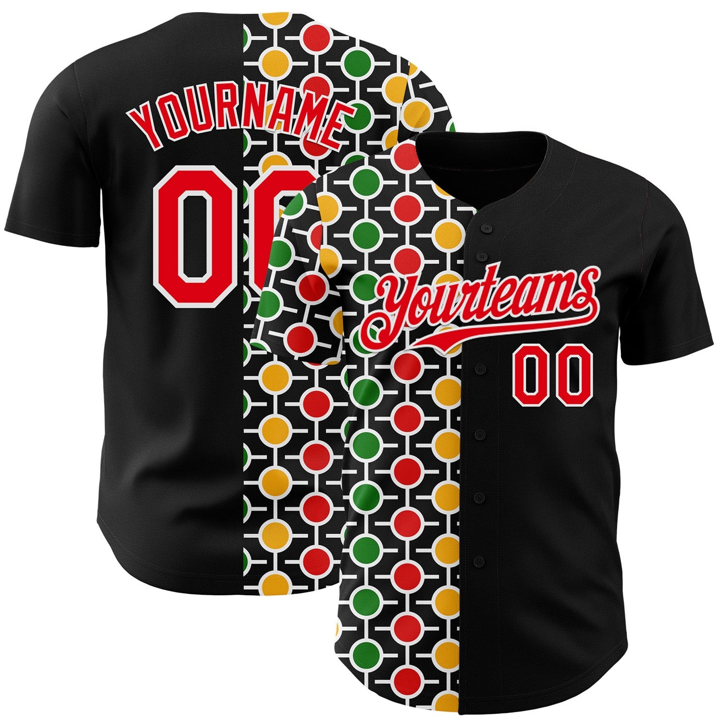 Custom Black Fire Red Yellow Green-White 3D Pattern Design Black History Month African Ethnicity Style Abstract Geometric Authentic Baseball Jersey - Main View