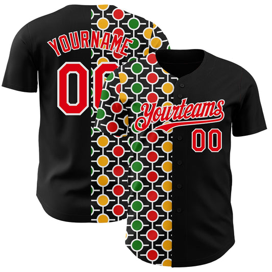 Custom Black Fire Red Yellow Green-White 3D Pattern Design Black History Month African Ethnicity Style Abstract Geometric Authentic Baseball Jersey - Main View
