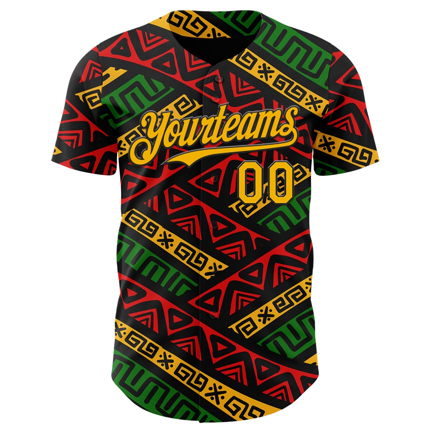 Custom Black Gold Red-Green 3D Pattern Design Black History Month African Ethnicity Style Abstract Geometric Authentic Baseball Jersey view 2