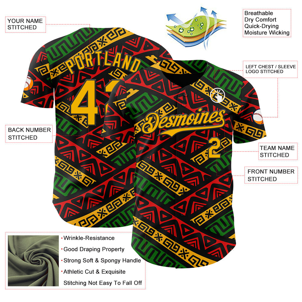 Custom Black Gold Red-Green 3D Pattern Design Black History Month African Ethnicity Style Abstract Geometric Authentic Baseball Jersey view 3