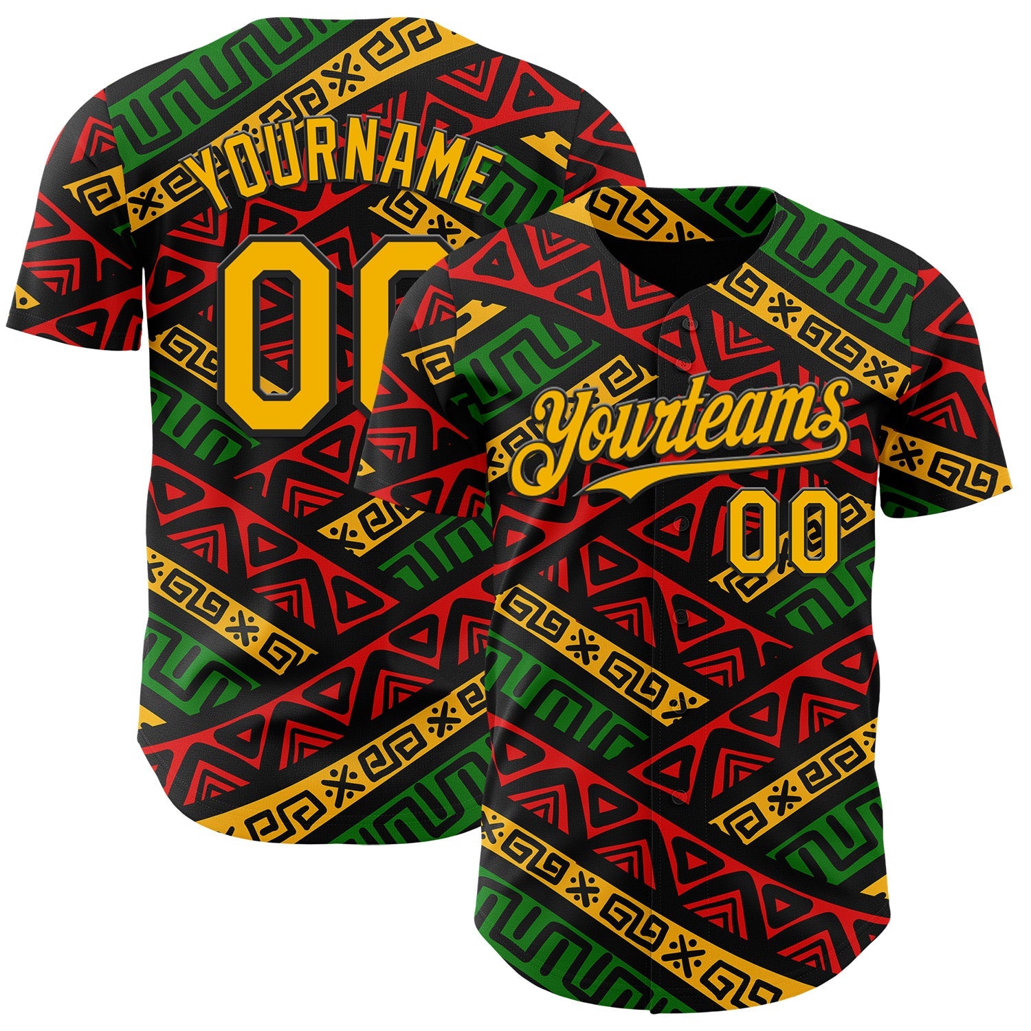 Custom Black Gold Red-Green 3D Pattern Design Black History Month African Ethnicity Style Abstract Geometric Authentic Baseball Jersey - Main View
